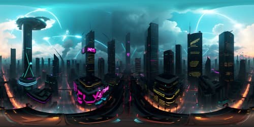 Ultra HD VR360, masterful artistry, Cyberpunk 2077's Panam Palmer aesthetic, dystopian cityscape, neon-lit skyscrapers, sprawling highway networks, monorails threading through high-rises, VR360 digital panorama, anarchy symbols, Picasso meets cyberpunk style.