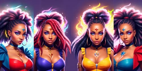 three african american female sorceresses.evil and sey. one woman has dreadlocks. one has red hair and wings. evil and sexy. one female has a starr with fire.they are wearing bikinis with flames