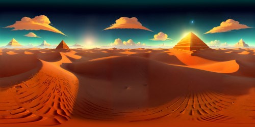 VR360 - top view of an ancient, ornate Egyptian pyramid, sunlit hieroglyph-laden sandstone, the Nile river veining the expansive desert landscape. VR360 - vast golden dunes meeting a cobalt sky, ultra-high resolution, evoking a masterpiece in ancient frescoes style.