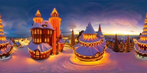A flawless, grand wizard's tower standing amidst a bustling North Pole Christmas village, enchanting snow-covered rooftops, colorful festive lights, swirling snowflakes, intricate ice sculptures, shining in ultra HD detail, a winter masterpiece.