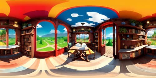 Ultra high-res VR360, zen-inspired tranquil library, overflowing books, antique leather-bound volumes. VR360 art masterpiece, bohemian aesthetic, floral accents, subtle hues. Ancient tomes, globetrotter hints, immersive multicolor panorama. No humans, no sounds, purely visual.(Paint, Pixopolitan-style)