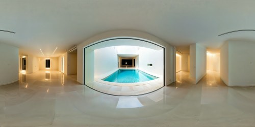 Immaculate liminal interior with a tranquil, glistening white pool surrounded by minimalist architecture, expansive space, ethereal lighting, pristine stillness, ultimate clarity.