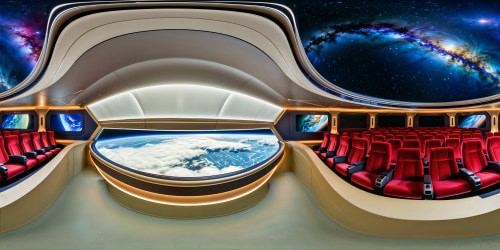 An opulent, futuristic movie theater aboard the grand Fantastipace space station, featuring flawless holo-screens, luxurious velvet seats, dazzling starlight ceiling, state-of-the-art sound system, and a breathtaking view of the infinite cosmos in vivid high resolution.