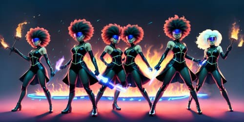 four african american women wearing black and blue leotards with thigh high boots. one woman has dreadlocks. two women are carrying flaming spears.