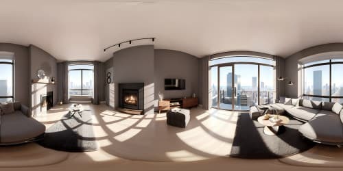 Ultra high-res VR360, New York-style loft, grand windows, cityscape skyline view. Iridescent twilight hues, masterpiece quality. Cosy fireplace, ambient glow, reflections on polished wood, minimalistic furnishings. Exquisite detail, Pixar-style rendering.