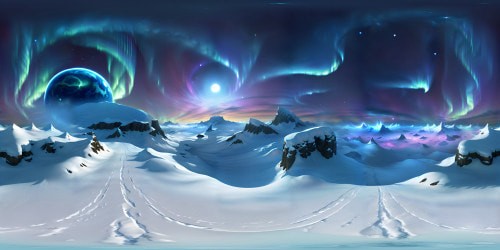 Masterpiece-worthy, ultra-high-res VR360 view, snow planet, ice crystals shimmering under alien sun, ethereal auroras dancing in holographic hues, snow-covered mountain ranges stretching indefinitely, VR360 icy landscapes merging with azure extraterrestrial sky. Style: Realistic digital painting.