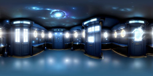 Masterpiece-quality TARDIS, ultra-high resolution, VR360 illumination, iconic blue exterior. Gallifreyan inscriptions, glowing console, pulsating crystal columns. Expansive, magical, astronomical VR360 panorama, distant nebulae, unexplored galaxies, surreal art style.