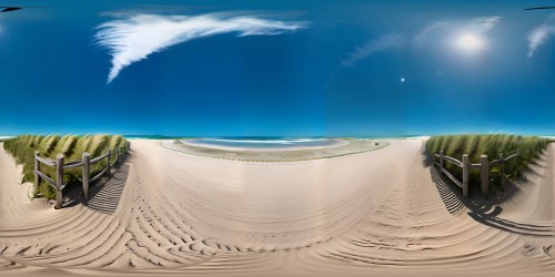 VR360 masterpiece, Cocoa Beach, Florida. Expansive sandy coastline meets azure ocean, two minute boats on distant horizon. Sky-high palm trees, lush high grasses, undulating sand dunes. Pier at extreme distance, hint of human touch. Clear day, tranquil, cyan blue sky, sparse clouds. VR360, ultra-high-res, stylized like fine art digital painting. Full spectrum of sea green, beach