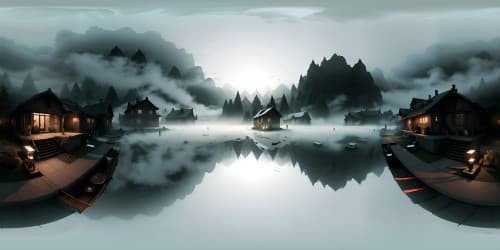 Ultra-high res VR360, Chinese ink masterpiece, flawless quality, encapsulating misty cloud motif. Single boat, adrift in serene, frosty river, VR360 traditional landscape, classical tone. Engaging interplay of light, shade, form, vibrant VR360 surprise element.