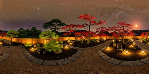 Expansively panoramic Edo period Japenese Zen garden at night, with cozy warm toned glowy lighting. Moon and stars in the dark sky. Emaculately detailed landscaping. Deep warm toned color palette, with deep reds, magentas,browns, deep orange-yellow tones. Warm feverish Ghibli-esque aesthetic.