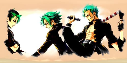 one piece character Zoro. green hair. square face. Black clothes