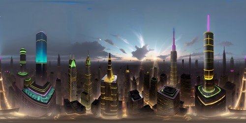 Ultra-high-res VR360 of opulent restaurant interior, gleaming crystal chandeliers, upscale furnishings, VR360 grand cityscape view from above. Glimmering skyscrapers, evening stars, neon city glows, polished to masterful hyperrealism. Extraordinary detail, quality, finesse.