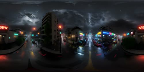 VR360 noir cityscape at night, superlative quality, VR360 masterpiece, ultra high-resolution, torrential rain, melancholic fog, thick mist, ominous dark clouds, vacant streets from above, spectral sky-view