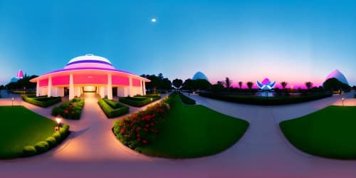 disney epcot center pavilion neon pink sky dusk evening