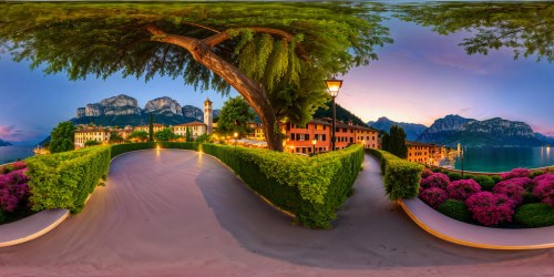 An exquisite, flawless ultra-high-resolution depiction of Riva del Garda's lakeside promenade at twilight, kissed by luxurious rooftop gardens atop lush hills, embraced by a serene sunset glow blending pastel hues in the sky with the tranquil lakeside haven below.