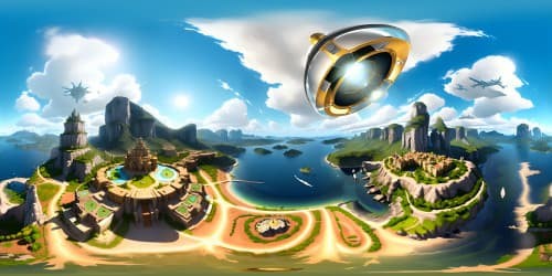 Fortnite-inspired VR360 grandeur, Battle Bus in radiant sunset, archipelagos mid-air, skyscrapers' enormity. VR360 view of Loot Lake's glimmers. Cartoon-realism meld, color spectrum vibrancy. Top-notch, 4K visual clarity, extensive VR360 outlook. Pixar-like refinement, precisely textured facades, tri-dimensional depth sensation. Engaging, enchanting, masterpiece caliber.