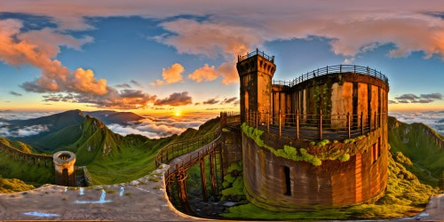 A flawless, ultra high-resolution depiction of an ancient, sprawling, abandoned prison, with moss-covered walls, ominous iron bars, intricate graffiti, and towering guard towers under a golden, hazy sunset.