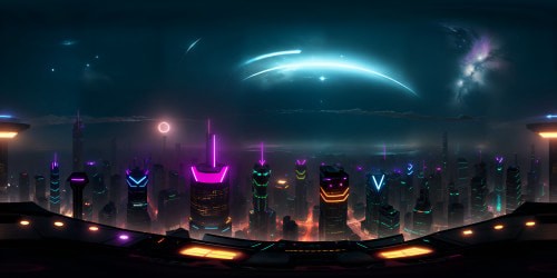 Ultra high-res VR360 view, starlit sky crowning cyberpunk city. Glowing skyscrapers, neon signs flickering, vibrant holograms in air. Constellation-masterpiece above, galaxy swirls, pulsating stars. Style: Digital painting, sharp details, radiant contrasts. VR360: Starry-nightscape meets high-tech dystopia.