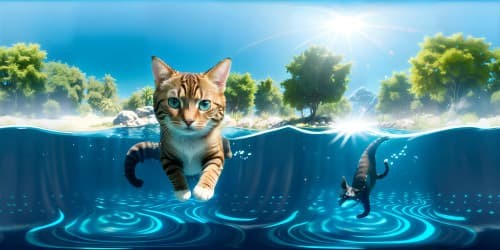 cat swimming in the pool, with his head above water, cute