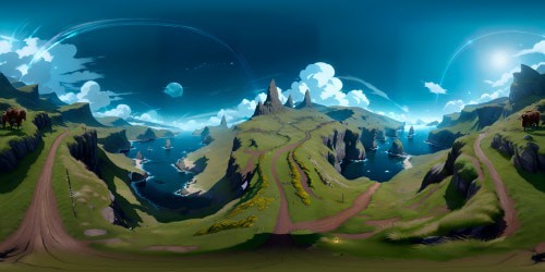 Ultra high-res graphics, Scottish Highlands panorama, grassy knolls, rugged mountains, Highland cattle silhouettes. North Sea shimmering, horizon-spanning waves. A VR360 masterpiece, Scottish ambiance with Pixar-style rendering, refined VR360 elements anchoring scene.