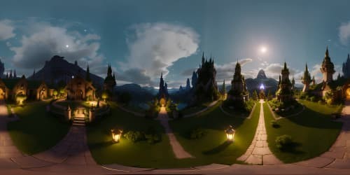 VR360 view, mastery-crafted elven kingdom, otherworldly glow, bathed in tranquil moonlight. Signature Pixar-style, ultra-high-resolution, meticulous detailing, soft-light moon beams. Emphasis on expansive VR360 sky, silhouettes of elaborately carved elven towers, glowing moon in zenith. Low foreground details, ensure expansive view.