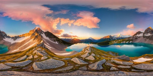 A majestic mountain range looms over a serene alpine lake, its crystal-clear waters reflecting the snow-capped peaks under a vibrant, pastel sunrise sky.