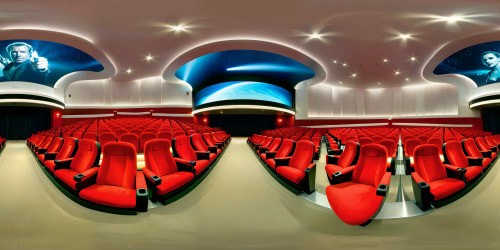 A pristine, flawlessly designed movie theater with plush red seats under soft, hazy lighting, showcasing an electrifying action film akin to "Die Hard" on the massive silver screen, the atmosphere dripping with cinema magic.