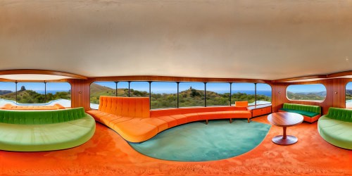Elegantly stylized 70s living room set from "The Brady Bunch," with iconic orange and green hues, shag carpeting, sunken seating area, groovy abstract wall art, and sleek, retro furniture impeccably restored to its original splendor in stunning ultra-high resolution.