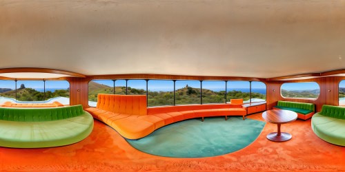 Elegantly stylized 70s living room set from "The Brady Bunch," with iconic orange and green hues, shag carpeting, sunken seating area, groovy abstract wall art, and sleek, retro furniture impeccably restored to its original splendor in stunning ultra-high resolution.