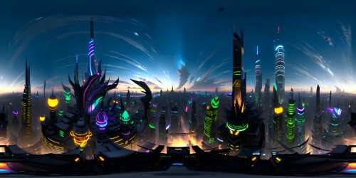 Masterpiece-level quality, ultra-high-resolution VR360, 3D visuals, vibrant and detailed, anime-inspired style. Rotational view of an expansive, fantasy cityscape, multi-tiered buildings, luminous neon signs, intricate patterns, fantasy elements. Using soft gradients, dramatic lighting, a twilight sky.