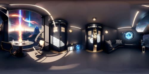 VR360, 12th Doctor's TARDIS interior, time-warping console, pulsating Time Rotor, infinite portals, masterpiece rendering quality, ultra-high resolution, advanced steampunk aesthetic, VR360