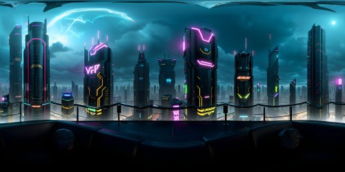 Masterpiece elements, ultra-high-resolution VR360 view, neon-soaked cityscape. Cyberpunk 2077-inspired theme, towering skyscrapers, holographic ads, sprawling mega-structures. Night ambiance, luminescent billboards, high-tech monorails. Style: Surreal digital painting, detailed shadows, futuristic flair.
