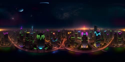 Masterpiece quality, ultra high-res Tron-inspired landscape. Gleaming VR360 skyscrapers, pulsating neon grid highways. Celestial extravaganza, star-freckled night sky. VR360 view with outstanding clarity. Style: hyper-realism fused with digital art.