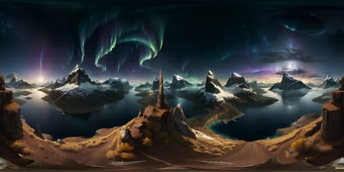 Ultra HD quality, Skyrim-inspired VR360 masterpiece, breathtaking mountains, mystical auroras, ancient Nordic runes, serene lakes. Emulate Elder Scrolls' style, blend epic grandeur, detailed texture work.