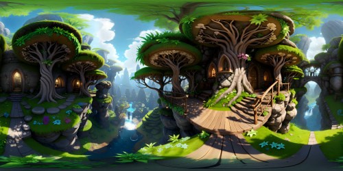 Enchanted fairy forest, dappled sunlight, VR360 masterpiece, ancient valley backdrop. Majestic waterfalls, moss-draped stone ruins, towering trees. Ethereal glowing mushrooms, intricately crafted fairy homes, wrapped in ultra-high res VR360 view. Blend of antiquity and magical elements, Pixar-style.