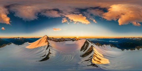 An awe-inspiring mountain range at sunrise, bathed in golden light, casting long shadows across flawless, pristine snowfields under a pastel sky.