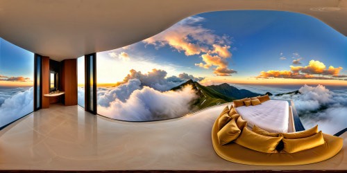 A lavish, pristine bedroom nestled within ethereal clouds, featuring a grand plush bed, exquisite decor, expansive open layout, vast floor-to-ceiling windows revealing a boundless sky vista, and enchanting ambient lighting that bathes the scene in a celestial radiance, an ultra-high-resolution visual paradise, a flawless artistic marvel.