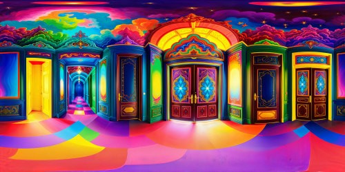 An impeccable, ultra high-resolution digital artwork showcasing a grand dark hallway lined with six intricate, ornate doors, each opening into mesmerizing, psychedelic realms illuminated by vibrant neon hues and dazzling lights, creating a surreal and immersive masterpiece.