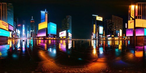 Gleaming cyberpunk skyline at night, neon lights reflecting on wet streets, holographic billboards casting an otherworldly glow, rain-soaked skyscrapers reaching towards a flawless, starless sky, all depicted in ultra-high resolution detail.