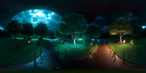 sky view Masterpiece quality VR360, ultra high-res. Stormy sky, deluge of rain, dark night. Tree canopy panorama, hillside forest, swept in rain. Immersive VR360 view, great expanse of overridden night sky.