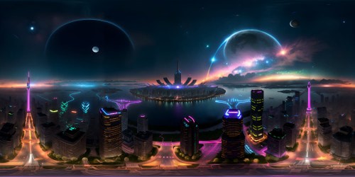 Ultra-high resolution, breathtaking Pyongyang skyline, VR360 panorama, iconic Juche Tower, sci-fi filter, vivid neon palette, inky star-flecked sky, sprawling metropolis, glowing river reflections, Pixar-style rendition. Futuristic, bold, mesmerizing VR360 view.