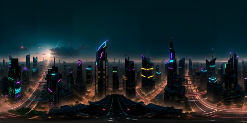 Superior quality VR360, hyperrealistic cityscape, uber HD resolution. Skyscrapers glare in neon hues, pinnacles piercing the twilight sky. VR360 panoramic view, sparkling city lights, distant bridges. Anime-inspired, crisp detailing, saturation of colors, nighttime allure.