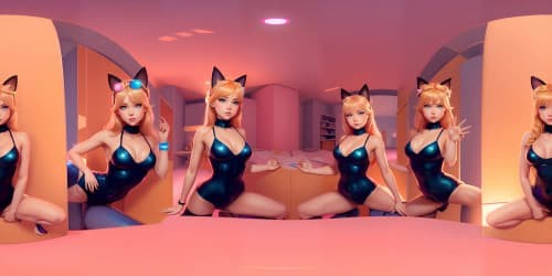 Ultra high-res VR360 masterpiece, five figures in pink leotards, one with distinct blue eyes. VR360 view - two with blonde hair, squatting pose, arms extended overhead. Minimal focus on armpit detail, signature cat ears on all.