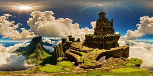 Rugged alien landscapes on Sega's Panzer Dragoon, with intricately detailed ancient ruins entwined in vibrant moss, colossal azure skies, and ethereal floating fortresses soaring amidst billowing celestial vapors.