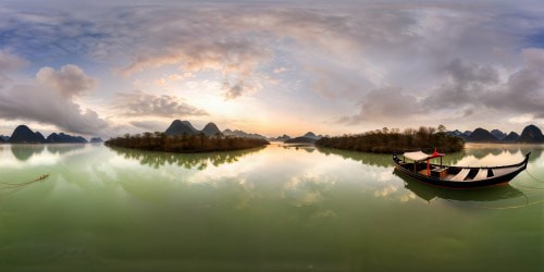 A flawless, ultra-high-resolution masterpiece capturing a traditional Chinese ink wash painting of a solitary boat serenely drifting along a tranquil, cold river, shrouded in ethereal, misty clouds that exude a timeless aura of tranquility and classical beauty.