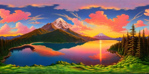 A breathtaking and flawless sunset over a serene mountain lake, reflecting vibrant hues of pink, orange, and gold, with crystal-clear waters mirroring the majestic peaks and lush evergreen forests in ultra high resolution, a true masterpiece of nature captured in perfect detail.