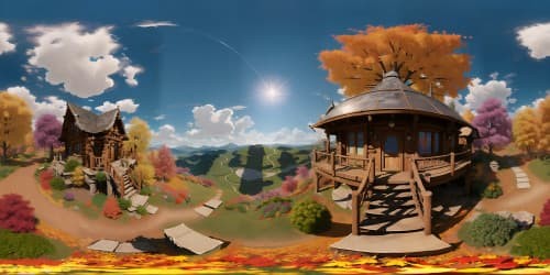 cabin on a hill over looking a field of colorful flowers and autumn leaves at night skyview