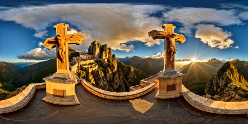 A majestic view of Valle de los Caídos showcasing the imposing granite cross towering over the valley, intricate sculptures adorning the basilica's façade, golden light bathing the ancient stone structures, casting long shadows in the late afternoon sun, capturing a flawless, detailed masterpiece in ultra high resolution.