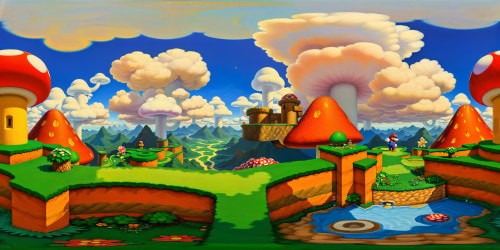 A meticulously crafted 8K ultra high resolution rendering of the vibrant, pixelated landscapes from Super Mario World, showcasing flawless, vividly colorful environments filled with iconic blocky platforms, swirling pipes, and towering mushrooms, the ultimate tribute to a gaming masterpiece.