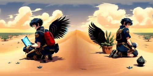 a man with HUGE black-feather wings (kneel down on desert ground) DIM environment 